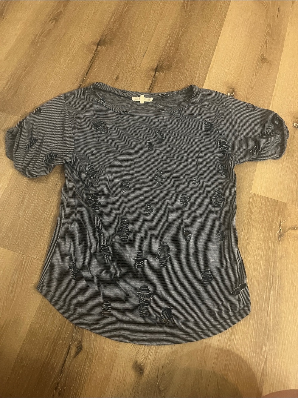 Striped Distressed Short Sleeve Tee - Navy Blue